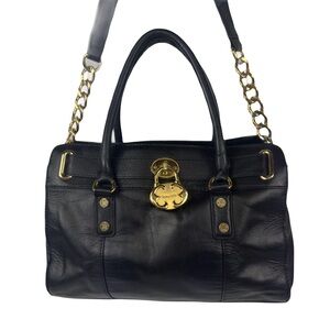 Emma Fox -Cambridge- black leather satchel gold chain strap w gold-tone hardware